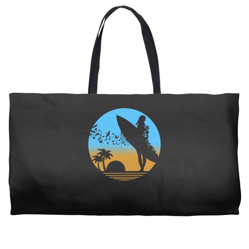 beach surfer silhouette birds sand waves palm Weekender Totes