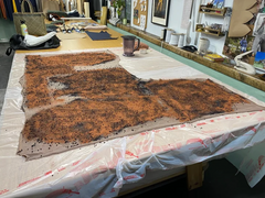 Fabric laid on table covered in madder root and buckthorn berries