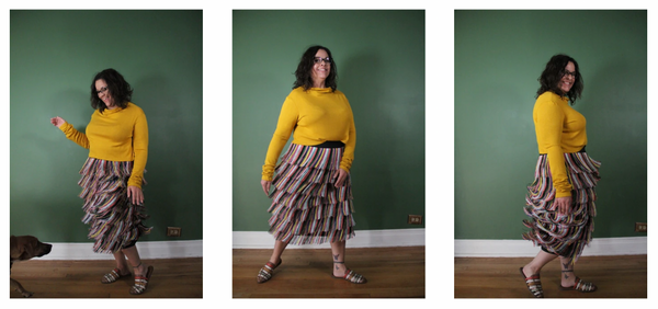 three photos of a model wearing a plus size skirt and cropped sweater