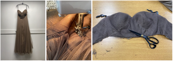 Three photos of the original dress, the waist being staystitched, and the detached bodice