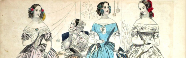 fashion plate from 1842 showing four women dressed in corsets with off-shoulder bodices