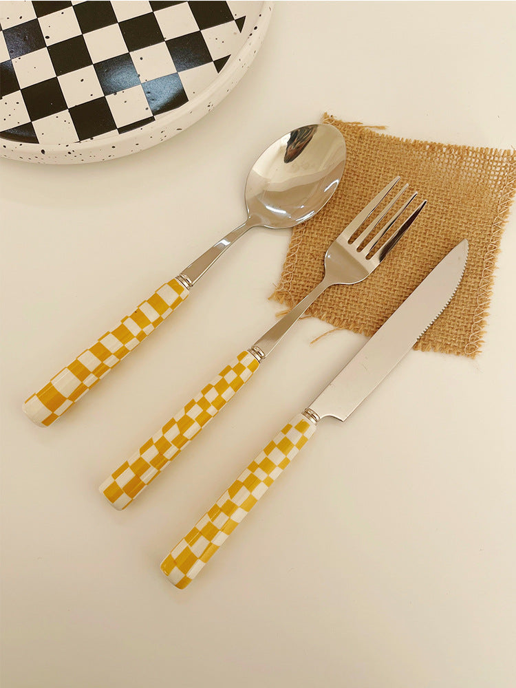 Household 304 Stainless Steel Checkerboard Knife, Fork And Spoon