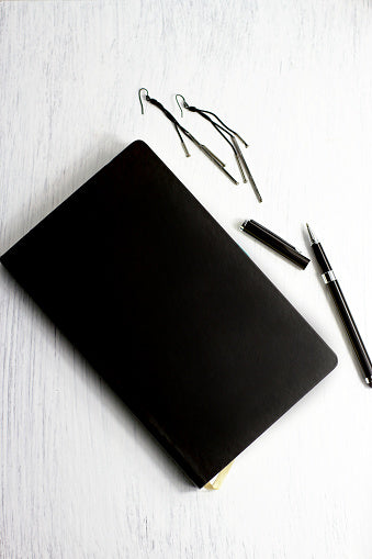 An Open Leather Bound Black Journal Outdoors On Table, Revealing Blank  Pages, With Room For Copy. Stock Photo, Picture and Royalty Free Image.  Image 139804753.