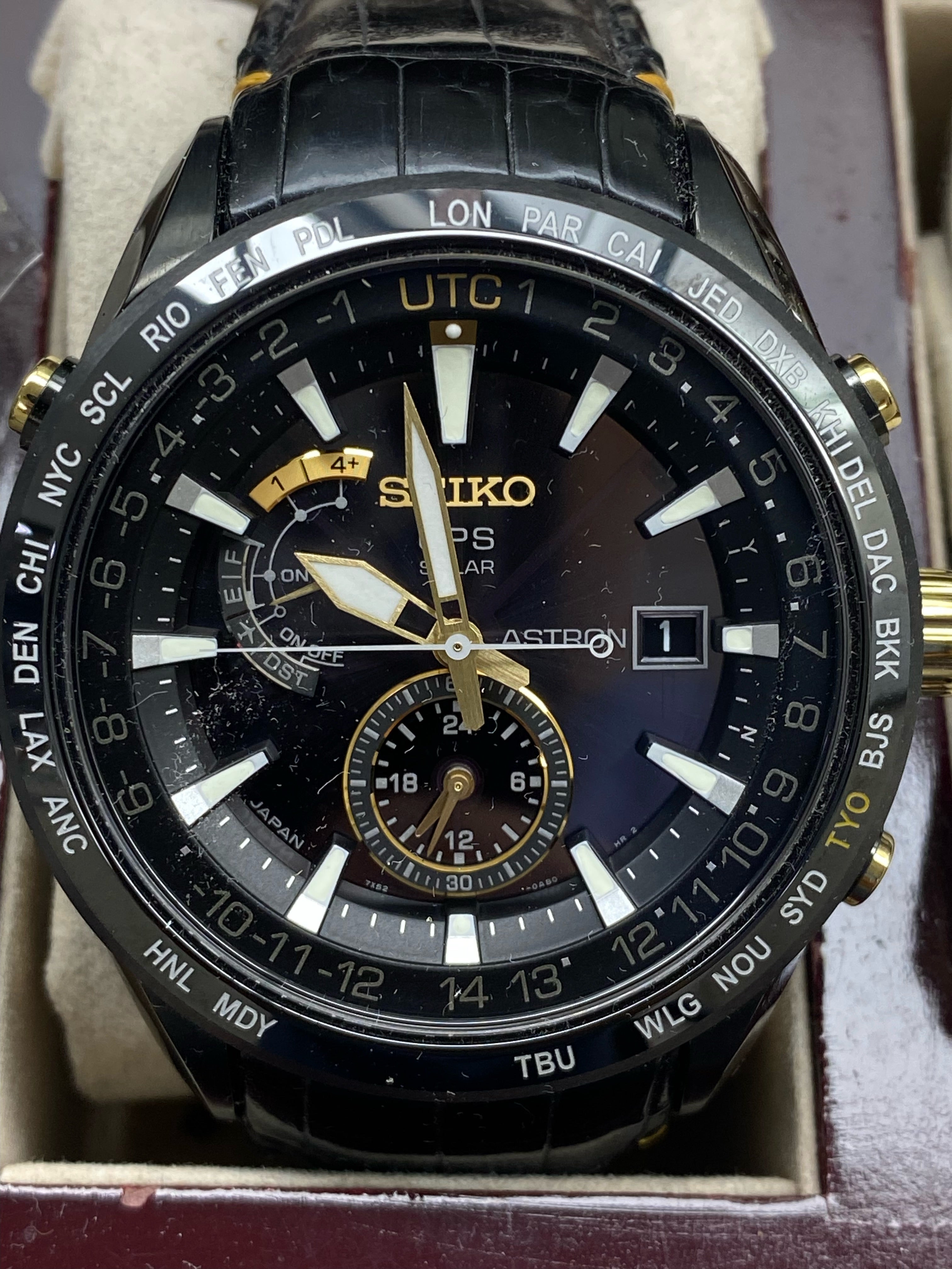 Seiko SAST100 Astron GPS Solar LE Men's World Time Black Leather Watch –  Agosta Watch Co