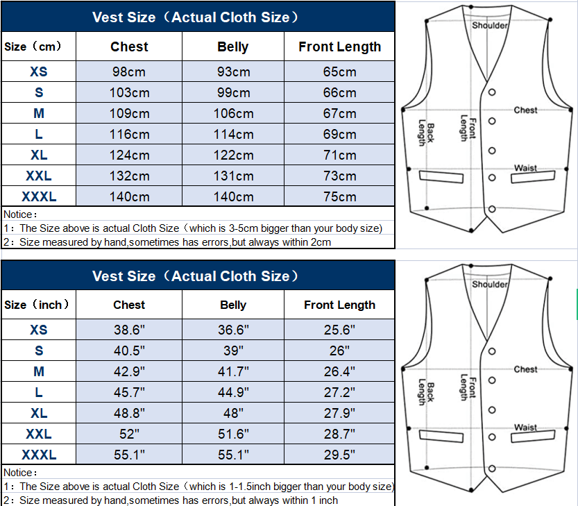 suit vest size chart