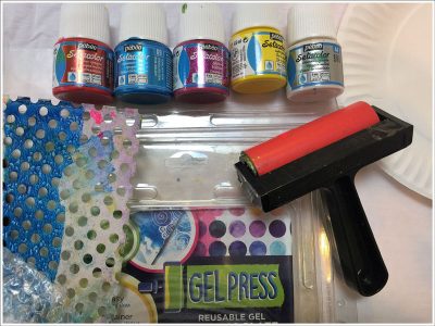 Supplies for Gel Press monoprinting on fabric