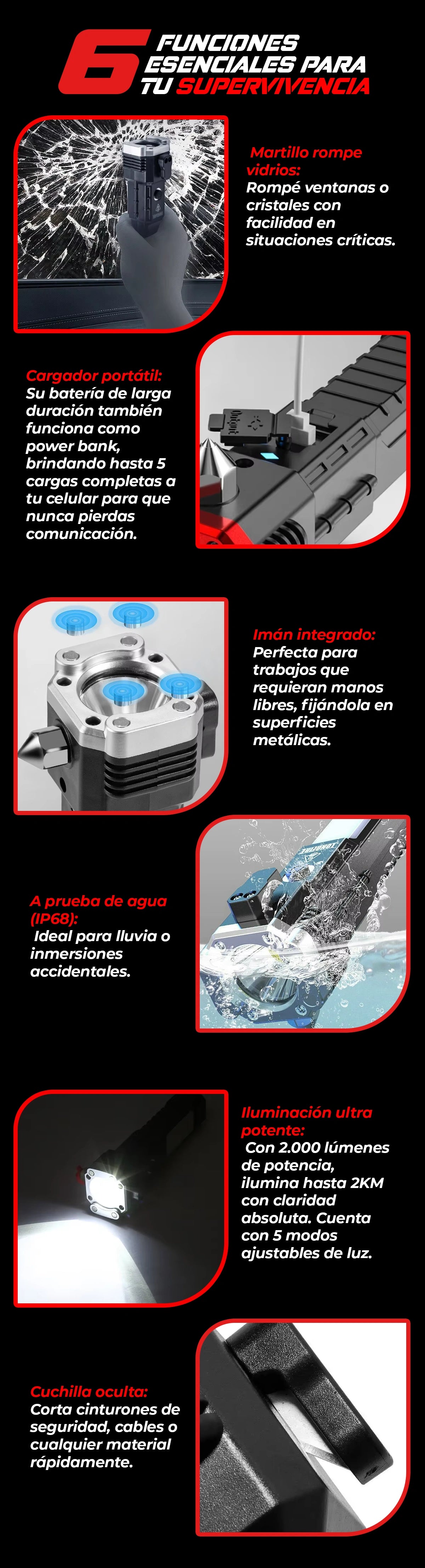 martillo rompe vidrios, ventanas o cristales en situaciones críticas, cargador portátil, power Bank, íman integrado, a prueba de agua (ip68), iluminación ultra potente de 2000 lúmenes, cuchilla oculta