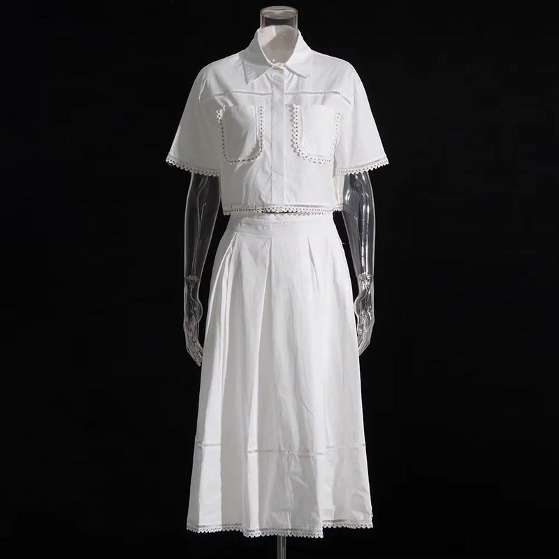 VGH Chic Skirts Suits For Women Lapel Short Sleeve Spliced Pockets Shirts High Waist A Line Skirt Minimalist Set Female Style Premium Fabric Blend - product feature