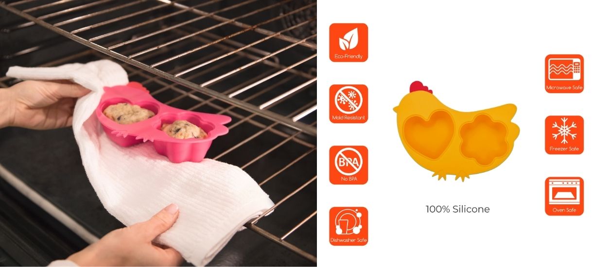 Din Din Smart Silicone Chicken Steamer is safe in the microwave, oven, and dishwasher