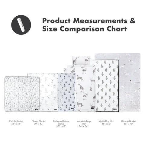 Product measurements and size comparison chart