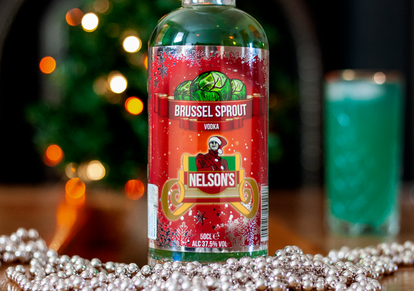 Nelson's Brussel Sprout Vodka with Christmas background.