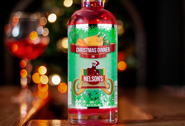 Nelson's Christmas Dinner Gin with Christmas background.