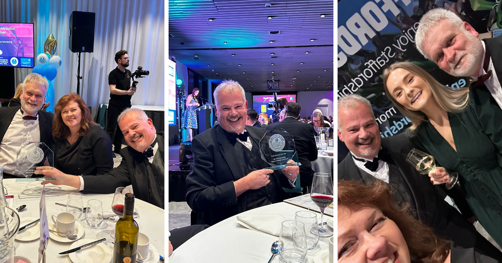 Three images from the Enjoy Staffordshire Tourism & Good Food Awards 2024. Image on the left, David, Sam & Neil with award, middle photo Neil with award and right image Same, Neil, Megan & David.