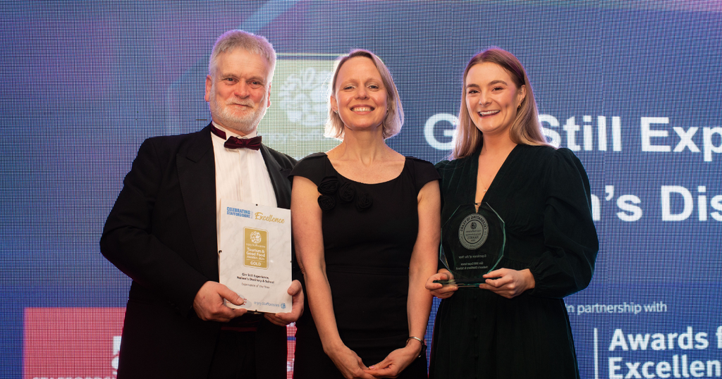 Nelson's Distillery & School Staffordshire Tourism & Good Food - Experience of the Year award winners. From left to right David Hunter, Jenny Amphlett (Staffordshire University) & Megan Russell (holding award).