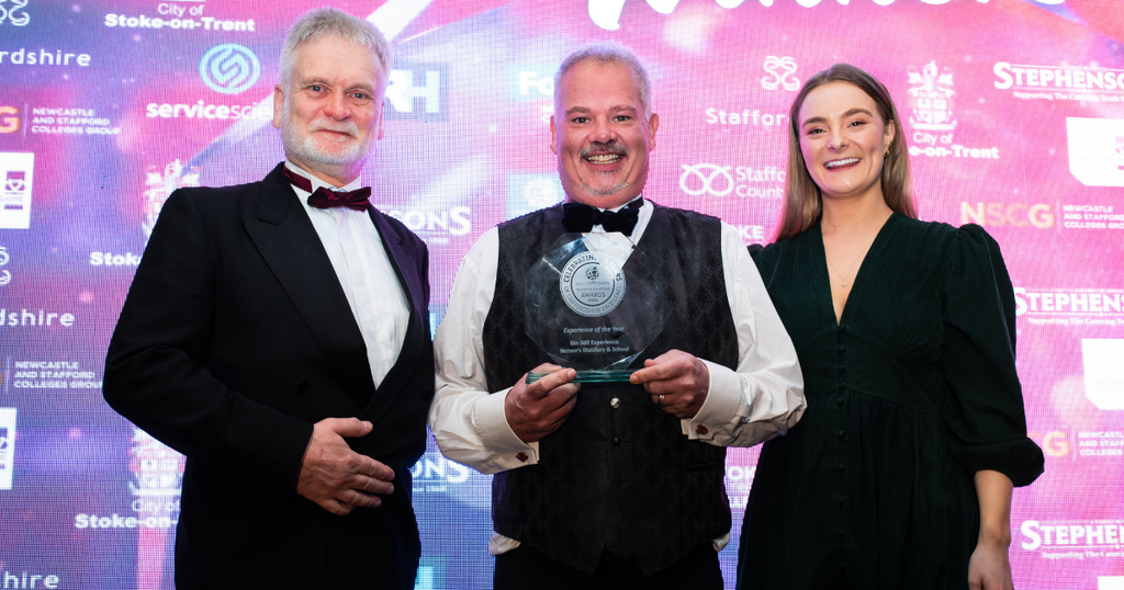 Nelson's Distillery & School Staffordshire Tourism & Good Food - Experience of the Year award winners. From left to right David Hunter, founder Neil Harrison (holding award) & Megan Russell.