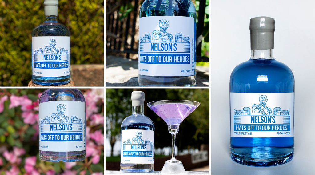 5 images of Nelson's NHS Gin / Hats Off To Our Heroes Charity Gin in various outside locations.