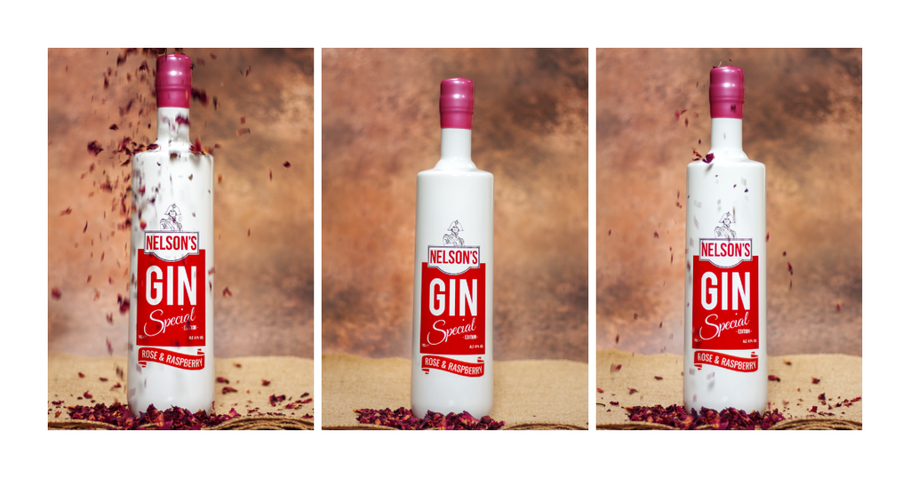Nelson's Rose & Raspberry (three images with varying amounts of rose petals falling over the bottle)