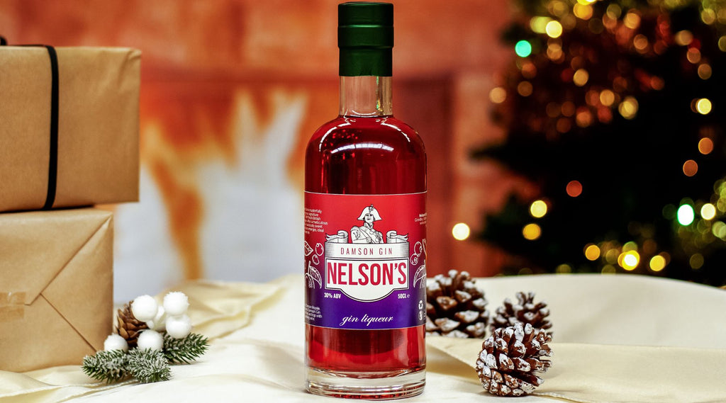 Nelson's Damson Gin Liqueur with Christmas themed background.