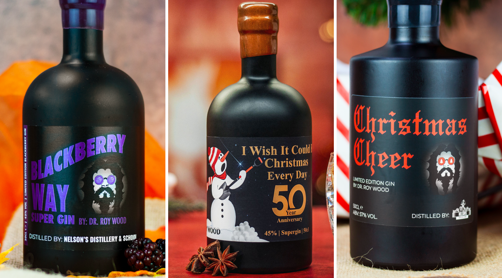 Roy Wood' gin collaborations. First image Blackberry Way, second image I Wish It Could Be Christmas Every Day and third image Christmas Cheer