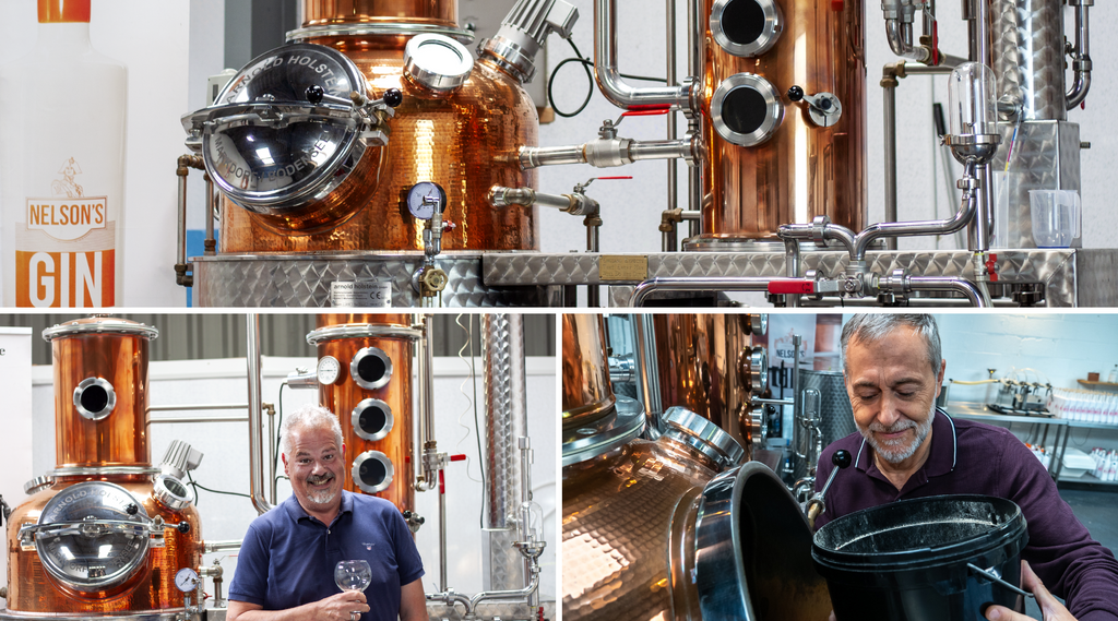 Three images of Nelson's custom built alembic still, Victory.