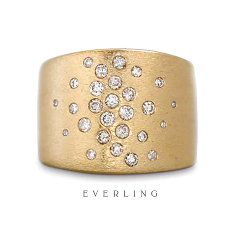 Custom Recycled 14k Yellow Gold Wide Band with Recycled flush set Diamonds. www.EverlingJewelry.com