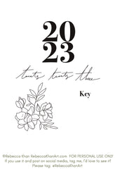 A bUllet Journal Key Page with the year 2023 written in bold numbers and words with a line art illustration of Jasmine flowers.