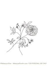 Lineart Illustration of a rose and jasmine flowers intertwined.