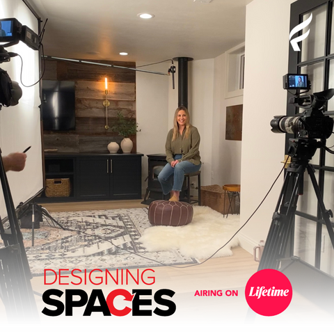 A promotional image of Sarah Harmsen filming for the Forge & Flame feature on Designing Spaces