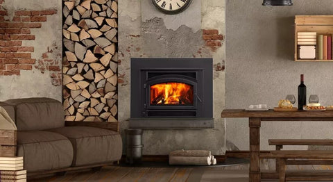 Wood fireplace insert with stacked wood