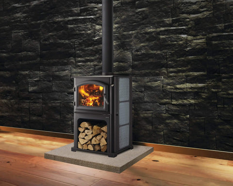 A wood burning stove with stacked wood storage