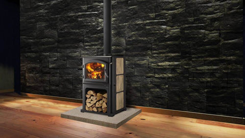 Wood burning stove featured in an empty room