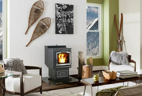 Harman P-Series  pellet stove in a lodge living room