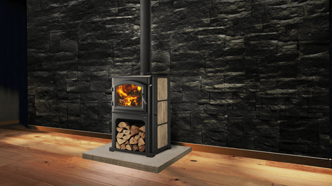 A wood stove burning in an empty room