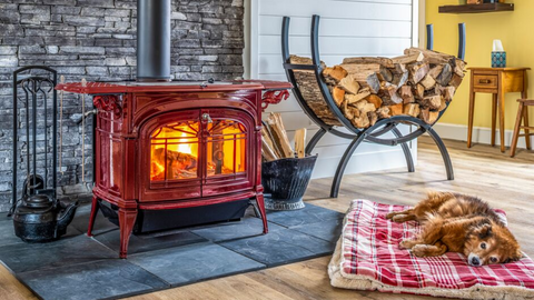 Vermont Castings Encore wood stove in a living room with a sleeping dog