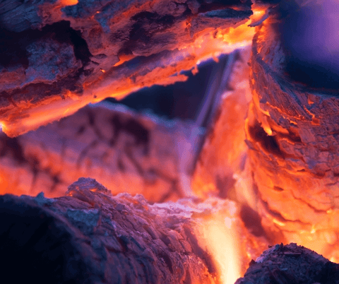 Close-up of wood coals with flame