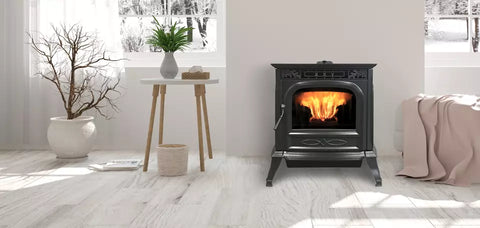 an image of a Harman XXV-TC pellet stove in a living room
