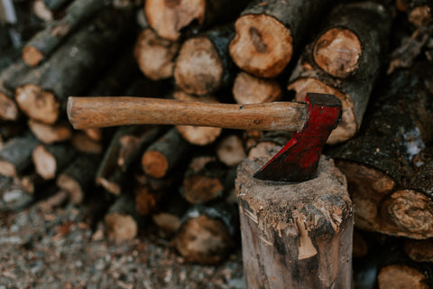 Image of an ax next to chopped firewood