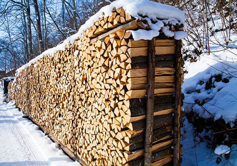 A large woodpile in winter