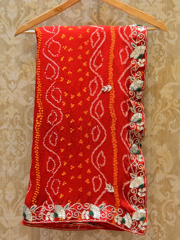 Red Leheriya Printed With Sequins Border Georgette Saree