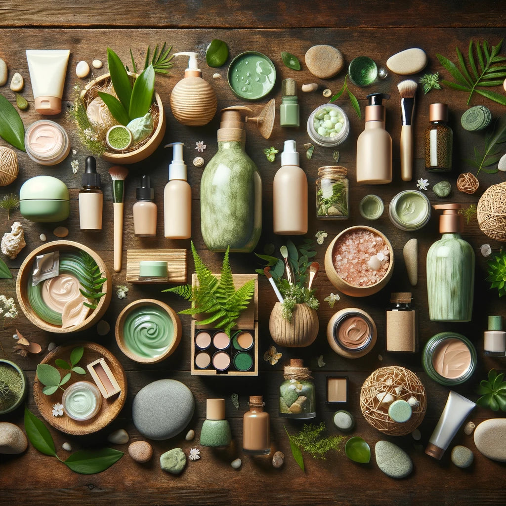 Assortment of eco-friendly skincare and makeup products highlighting the beauty of green beauty.
