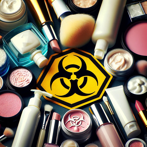 Conventional beauty products with a warning symbol highlighting the environmental and health risks.