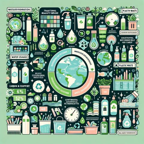 Infographic showing the environmental impact of traditional beauty routines and the benefits of eco-friendly alternatives.