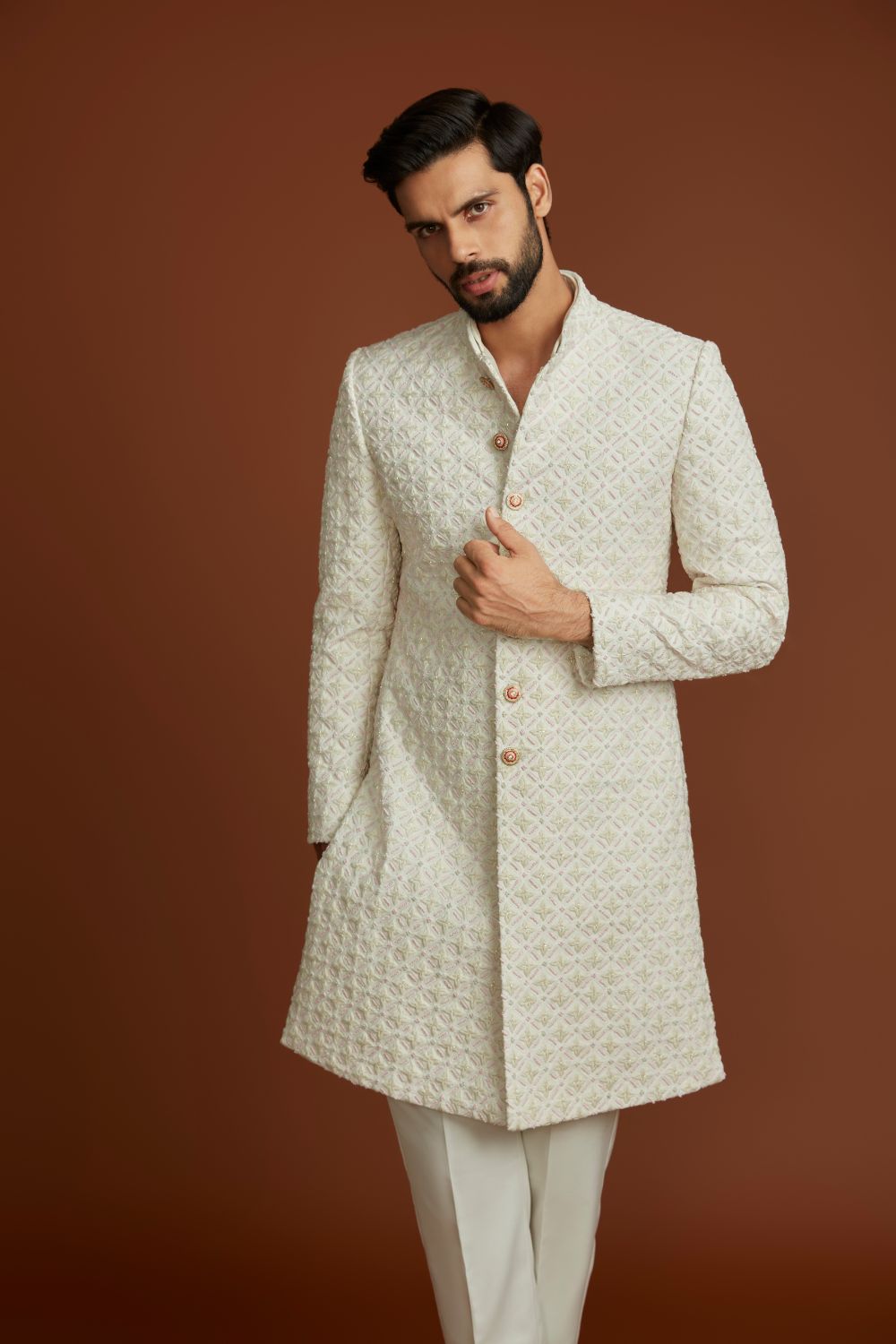 Anique Silver Open Short Sherwani Set – Estie Couture