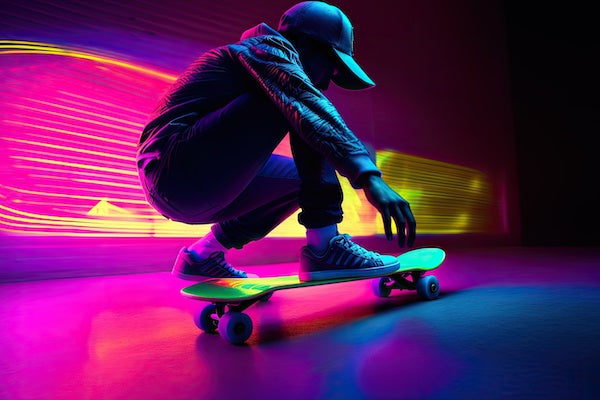 Skateboarder with neon lights
