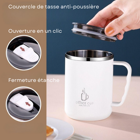 Tasse café pour pause au bureau, couvercle anti poussière