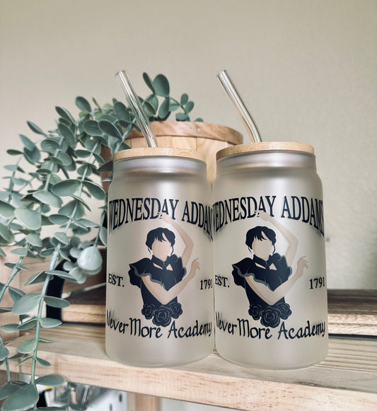 16oz Wednesday Addams 1 Glass Cup, Wednesday Glass Beer Can Cup, Wednesday,  Black Cup, Christmas Cup, Beer Can Cup, Coffee Cup 