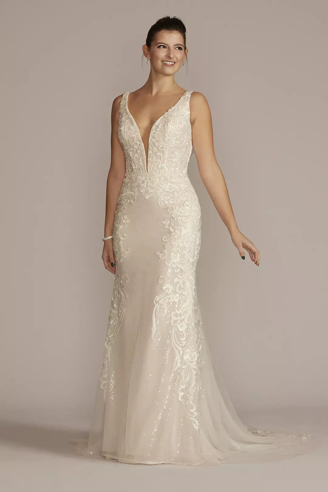 As Is Allover Sequin Scrolling Lace Wedding Gown