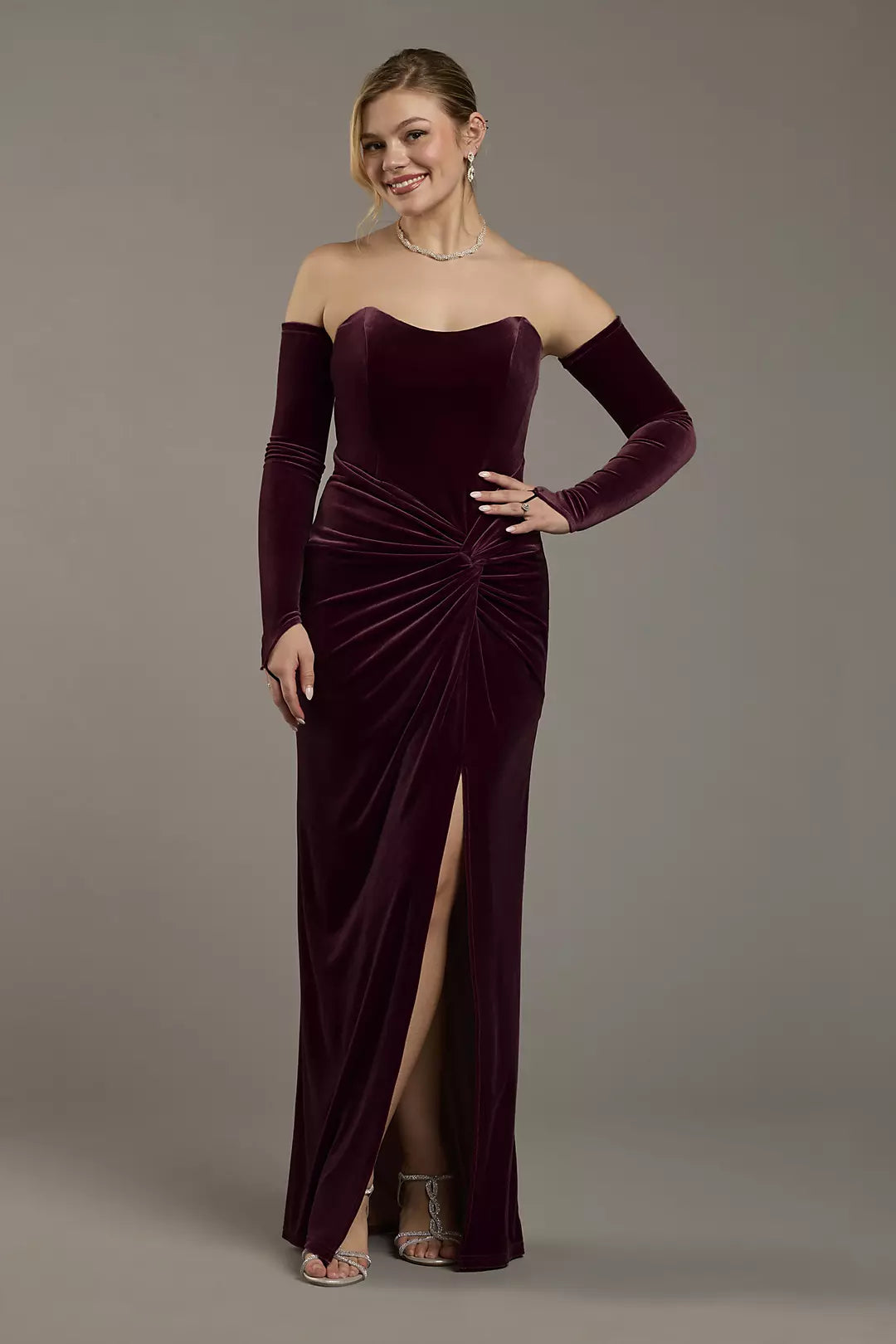 Strapless Velvet Sheath Dress with Matching Gloves