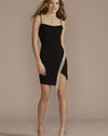 Crepe Cowl Neck Mini Dress with Fringe Trim