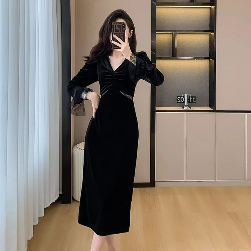 Velvet Bodycon Black Dress for Autumn Parties - Women's Fashion